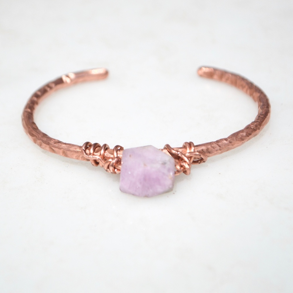 Pink Kunzite Copper Bangle Cuff Bracelet Wire Wrap solid gemstone - Picture 7 of 7